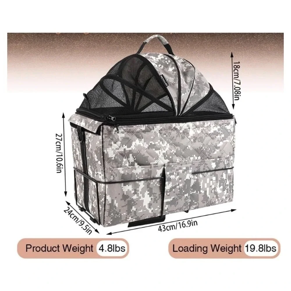 PETFULED Rear Camouflage Bike Basket Pet Travel Carrier Mesh Dome 27x24x43cm